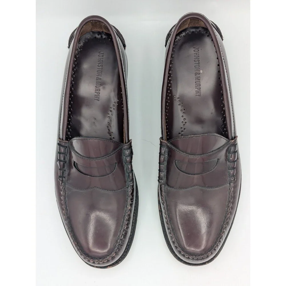 Johnston & Murphy Penny Loafers Mens 10 D Burgundy Leather Slip On Dress Shoes